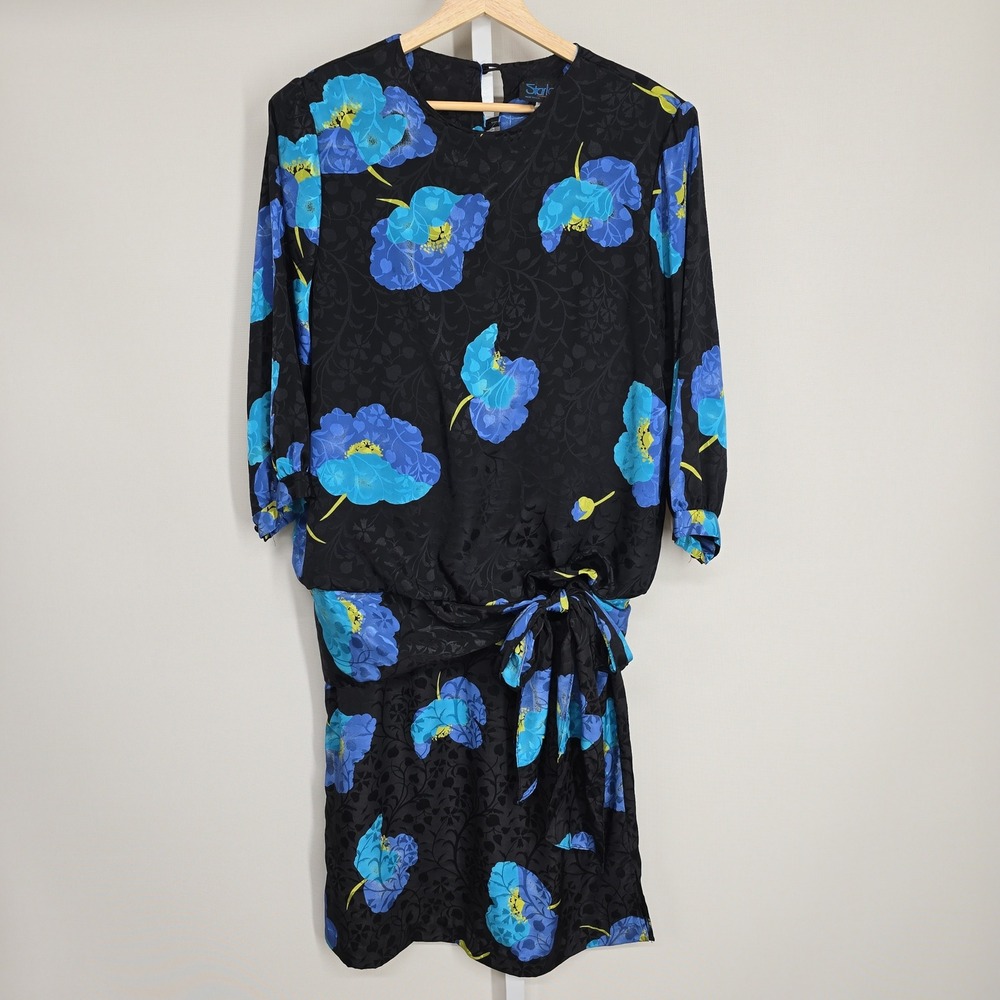 Vintage Starlo Fashions Dress Womens‎ 11/12 Black Blue Floral Jacquard Tie Waist